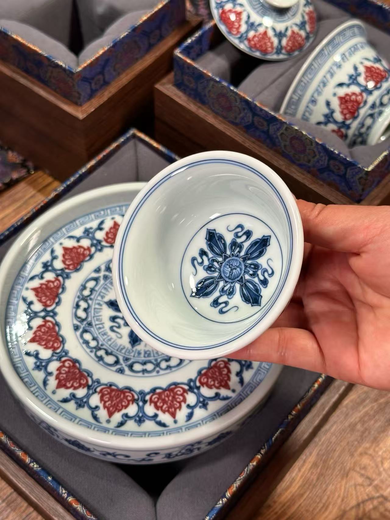 Blue-and-White Tea Set with Sanskrit Vajra Lotus Design and Underglaze Red Accents