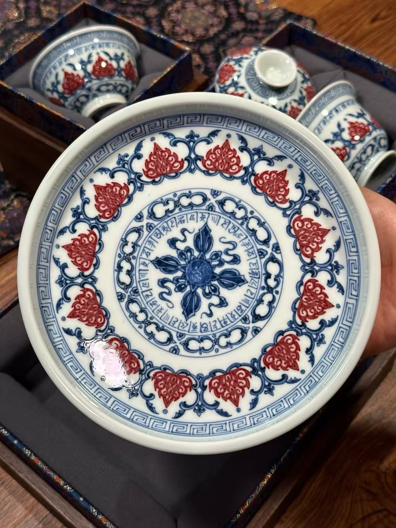 Blue-and-White Tea Set with Sanskrit Vajra Lotus Design and Underglaze Red Accents
