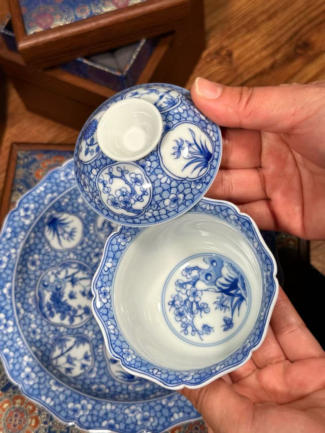 nderglaze Blue-and-White “Ice Plum Blossoms” Set with Openwork Pine, Bamboo, and Plum Motifs